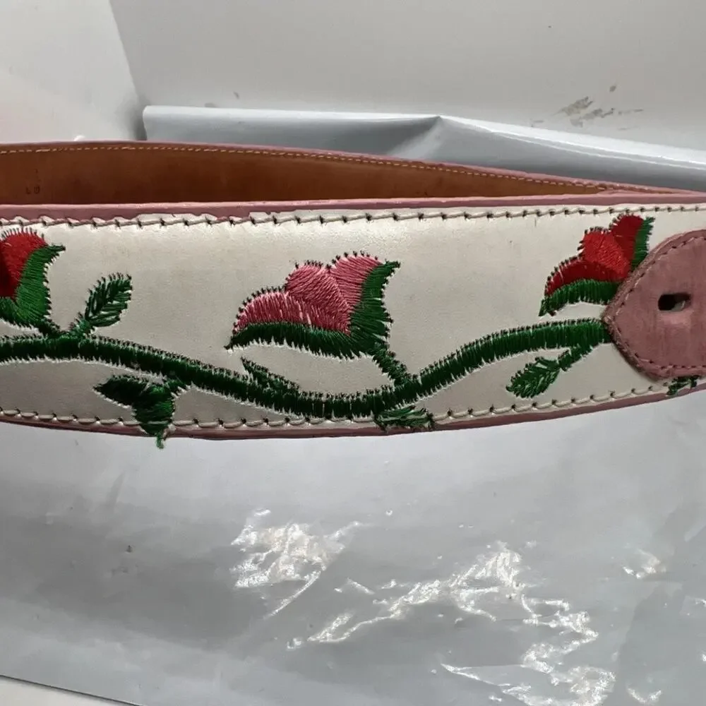 Aguila Real Leather Pink Caiman‎ Tail Embroidered Flowers Belt Rare Size 32